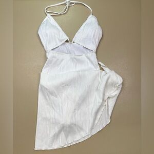 White One Piece Swimsuit Halter Cutout Ribbed High Cut S NWOT With Cover-Up